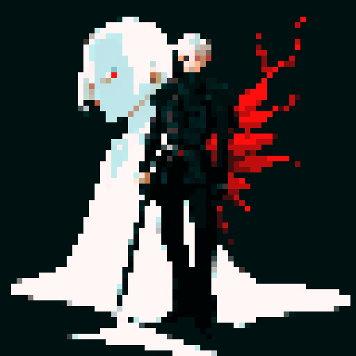 Young man with short white hair with a shadow knight standing behind him. The knight is ghostly with gleaming red eyes
