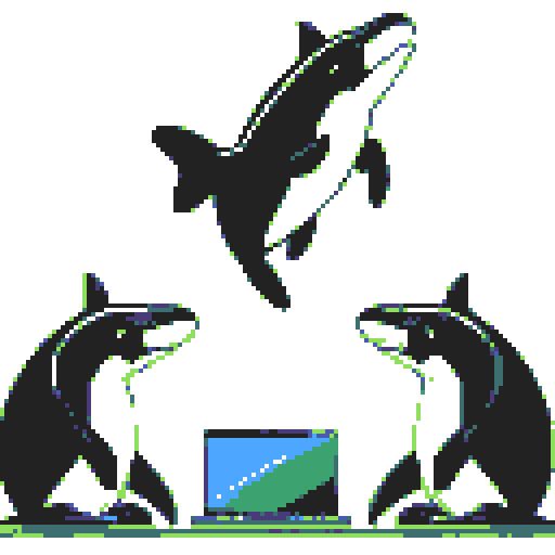 three killer whales with sleek black and white bodies, working diligently at a desk adorned with vibrant pixel art, their laptops emitting a mesmerizing display of sRGB colors