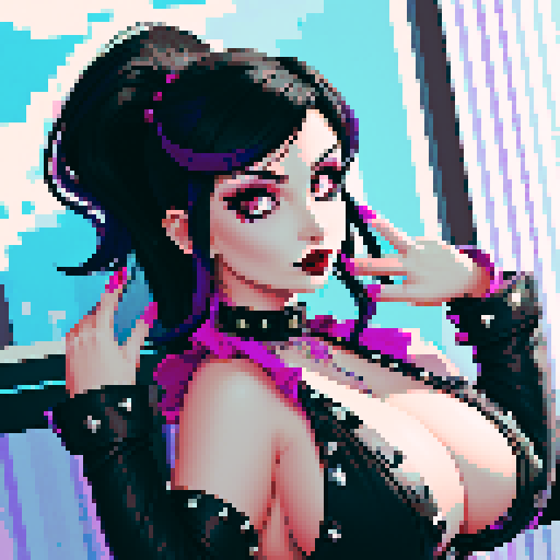 curvy, cute busty goth woman's face, whole head portrait, black hair, purple eyeshadow, red lipstick, low cut leather halter top, studded collar, vibrant sRGB colors, pixel art, NES style