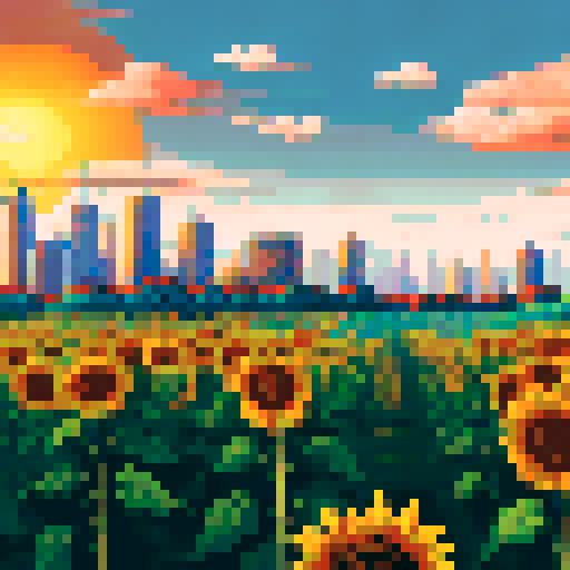 a small field of sunflowers with skyscrapers in the background
