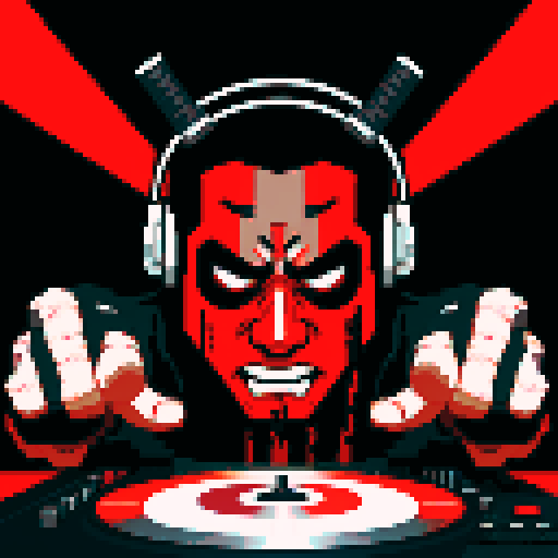 A DJ performing, with a samurai mask and blood