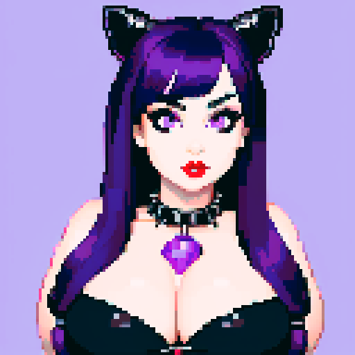 Thicc, busty goth girl, with long purple hair, eyeliner, red lipstick. wearing a halter top and spiked collar. Posing for a up close face portrait. vibrant sRGB colors, pixel art, 