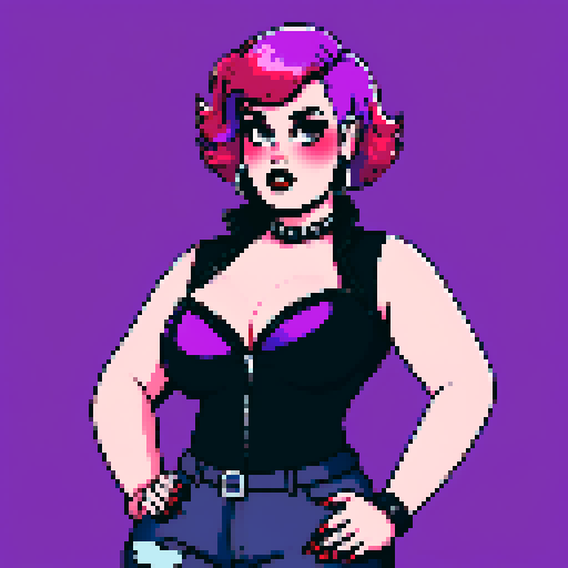 Plus size curvy, cute, busty greaser goth girl, with purple hair, black eyeshadow, red lipstick. Large breasts, large chest, wearing halter top and studded collar. Posing for sexy photo. whole head portrait, avatar photo. vibrant sRGB colors, pixel art, edgy aesthetic