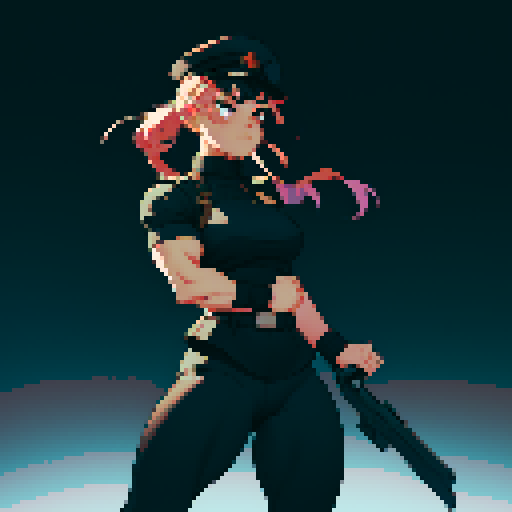 full-body image, muscle girl, female, thick biceps, big shoulders, big fists, muscular physique, thick waist, facing left, ready to fight, exaggerated proportions, black military uniform, black hat, military backdrop, sRGB, pixel art, no background, no backdrop, facing left, fists raised, ready to fight