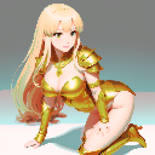Beautiful, seductive, fantasy RPG female character, full body, dynamic pose, elegant magical armor, subtle cleavage chest plate, intricate golden ornaments, thigh-high boots, long flowing hair, smooth glowing skin, confident facial expression, direct gaze, soft lighting, simple background, soft gradient abstract setting, highly detailed anime style, ultra-realistic rendering, 4K wallpaper, character centered, pixel art, sRGB