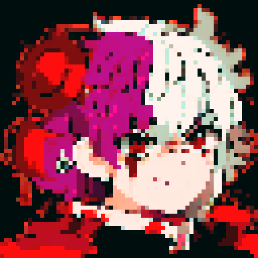 Demon slayer with fiery red hair and piercing green eyes stares fiercely at the viewer in a close-up character portrait, rendered in a vibrant anime style with intricate pixel art details.