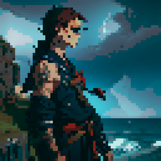 sailor profile, rugged, weathered, with a mysterious eye patch, adorned with intricate nautical tattoos, standing on a cliff overlooking a stormy sea, in a fantastical RPG world
