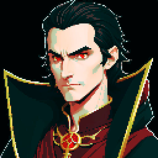 dark evil male wizard, black hair, bright eyes, red and black robe, golden-trimmed lining, fantasy RPG style, pixel art, sRGB