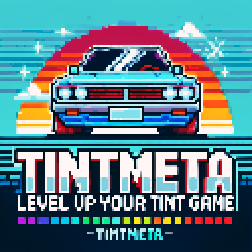 TintMeta Logo in boxy video game pixels, pixelated car driving through a vibrant 90s color palette