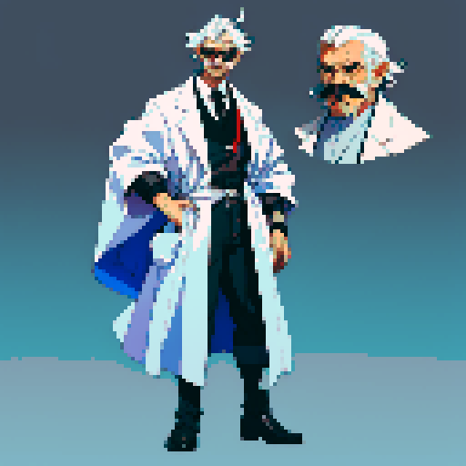 male mad scientist facing left, white mustache, lab coat, goggles, full-body image, pixel art, sRGB, no backdrop, no background