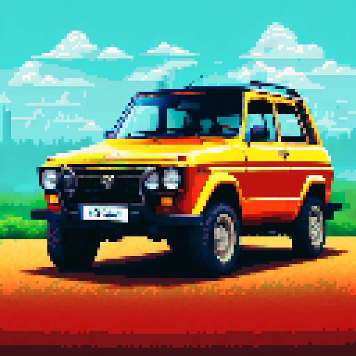 Photorealistic, centered old Lada Niva in a three quarter view, right wheel in front, clean background, pixel art style with sRGB colors