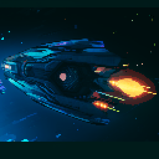 futuristic spaceship, sleek and streamlined, hovering mid-air, vibrant neon lights, pixelated sRGB aesthetic