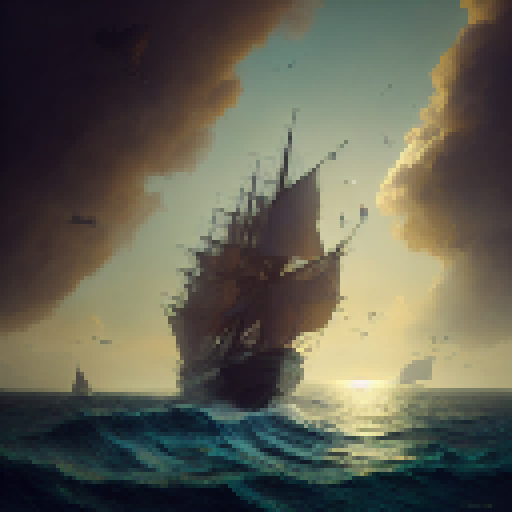Weathered, rustic, and worn, a majestic Dutch East Indies Company sail ship cuts through the choppy waves, its sails billowing in the salty sea air, in the warm, amber light of the setting sun.