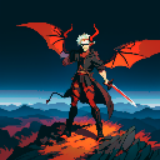 full-body image of a male demon, one winged demon, sexy male, horns, sword, hellish landscape, sRGB, pixel art