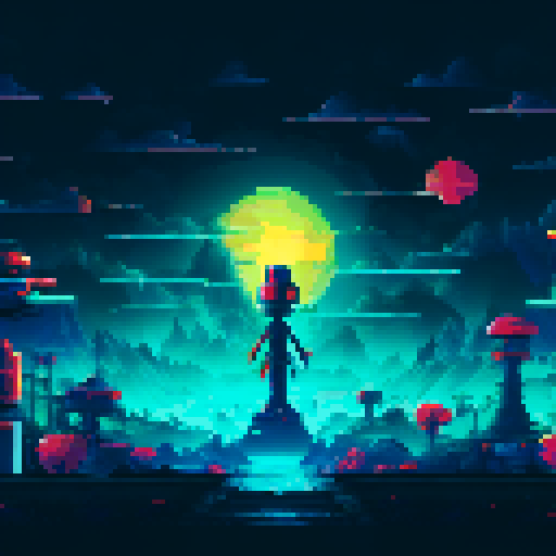 Robots, mechanical marvels, vibrant colors, pixelated perfection, detailed landscapes, sRGB palette, bustling background