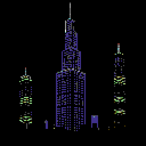 large skyscrapers at night, large dark blue sky, viewed from afar, retro, nostalgic feel