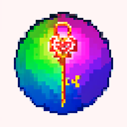 magical key, glowing with vibrant colors, surrounded by mystical symbols, rendered in intricate pixel art, against a background of dark sRGB hues

