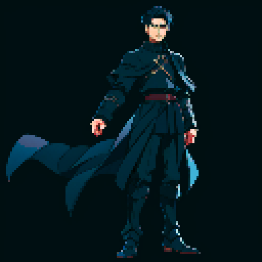 T-pose. Male. Full body. Short, dark blue hair. Black coat. Thin, covert, black armor underneath the coat. Better facial features. full lighting.