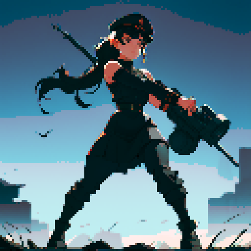 full-body image, muscle girl, female, thick biceps, big shoulders, big fists, muscular physique, thick waist, facing left, ready to fight, exaggerated proportions, black military uniform, black hat, military backdrop, sRGB, pixel art, army behind her, military behind her, army in background, army, soldiers, evil, dark, evil soldiers, black uniforms, destroyed town, battlefield