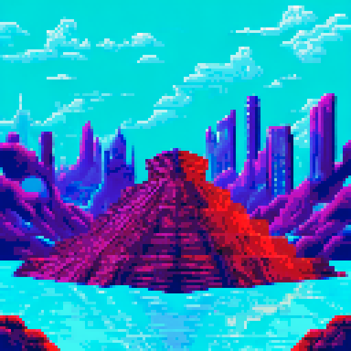 technological Aztec Style Ziggurat, shimmering in neon hues, surrounded by frozen waters reflecting the pixel art skyline