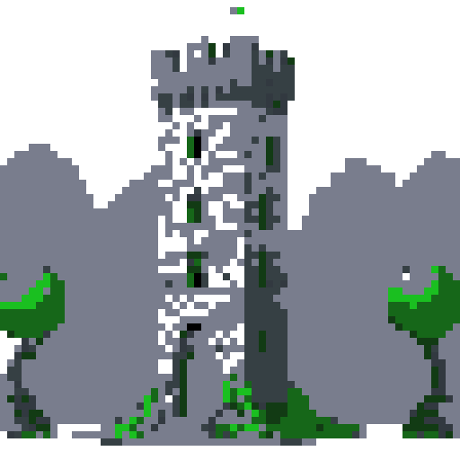 2d grey stone tower in an ancient english style. Old and crumbling but still upright. Green vines crisscross it. Usable as an asset (clear, thick lines and a white background). Put a black stroke around the composition