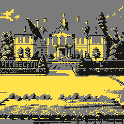 Large suburban american mansion, with driveway and lawn, legend of Zelda isometric perspective, tile based art, 8x8 tiles, pixel art
