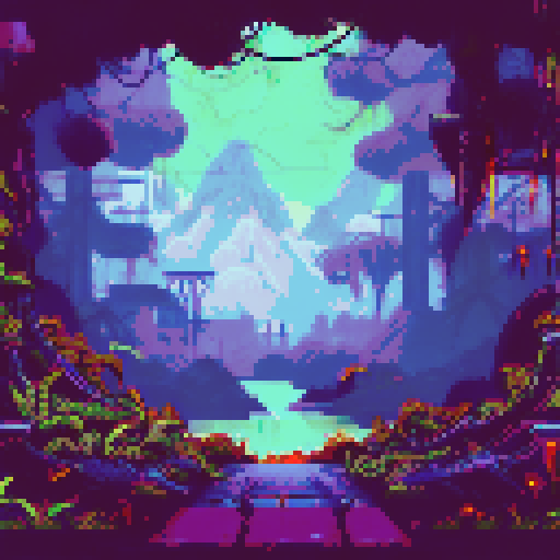 post-apocalyptic factory, hidden in the woods, abandoned machinery, rusted pipes, overgrown vines, decaying buildings, shattered windows, eerie silence, nature reclaiming, vibrant pixelated colors, sRGB palette, atmospheric landscape
