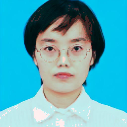 Based on the referenced photos, a quadratic ID picture with a similarity of more than 70% is generated: female, with glasses, and short hair