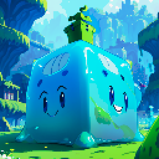 Blue Slime cube, Gelatinous cube, wearing crown, giant Slime, boss fight