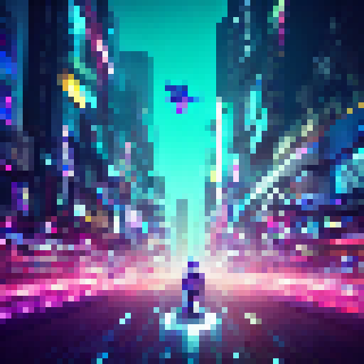 Futuristic, neon-lit cityscape with Ekko leaping over hovering cars, wielding his time-manipulating device as energy crackles around him.