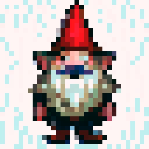 32x32 pixel art gnome with a red pointy hat and large white beard, depicted in a close-up portrait style, completing various actions like standing, running, jumping, and spinning, all as sprites for a game.