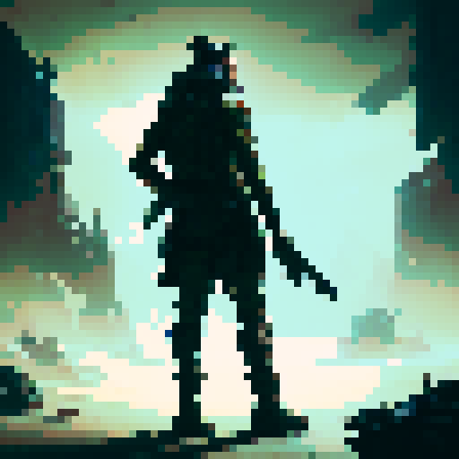 Steampunk hunter dressed with long coat with rifle on back and pistol on hand viewed from top down perspective