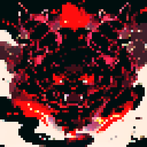 black chimera, character portrait, close up, anime style, pixel art, fierce expression, glowing red eyes, sharp fangs, dark and jagged horns, sleek and glossy black fur, contrasting purple highlights, wisps of smoke surrounding it, intense and vibrant colors