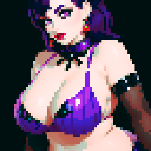 curvy, cute goth girl with purple hair, green eyeshadow, and red lipstick, in a nude glamour shot, rendered in pixel art with vibrant sRGB colors