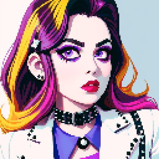 Thicc, busty greaser goth girl, long purple hair, eyeliner, red lipstick, studded collar, up close face portrait, vibrant sega genesis palette, pixel art portrait,edgy aesthetic