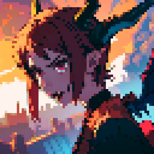 one winged demon, sexy male, horns, sword, sRGB, pixel art