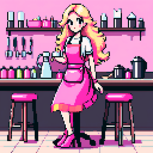 long blonde wavy hair, pink apron, table, hand massage, brunette girl, nail salon, pixel art, sRGB