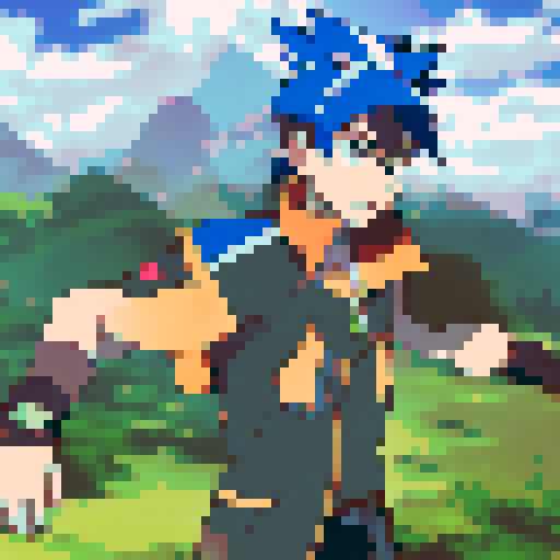 Brown-haired young man in a blue vest and red headband, fiercely wielding two swords in an anime-inspired action scene