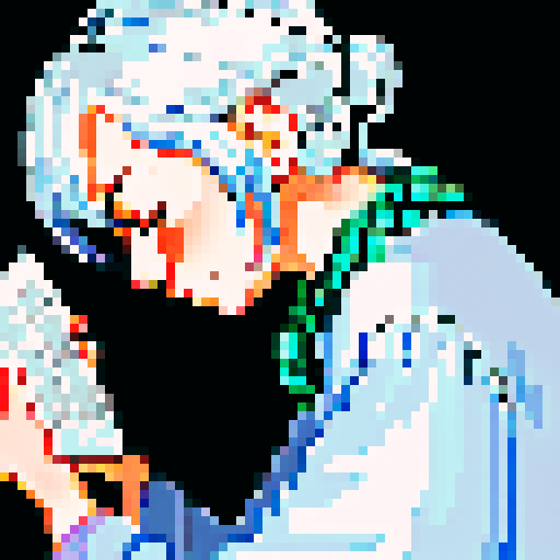 old lady, sitting, sleeping, book in hand, long silver braid, profile, whole body, game avatar, 16x16, pixel art, close up, portrait