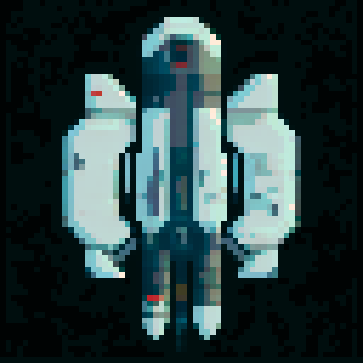 Spaceship, sleek design, metallic exterior, retro aesthetic, pixelated details,blinking lights, computer screens, wireframe outlines, geometric shapes, low-resolution textures, vibrant pixel art style, sRGB color space
View from above
