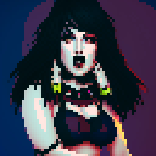 plus size busty goth girl, long purple hair, eyeliner, red lipstick, halter top, spiked collar, up close face portrait, vibrant sRGB colors, pixel art