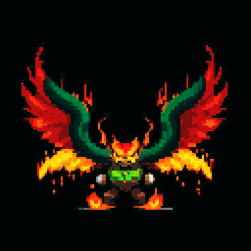 A massive, towering demon with flames raging around its body, giant wings, and burning eyes. It wields a flaming sword and has a powerful, destructive aura. No background.
