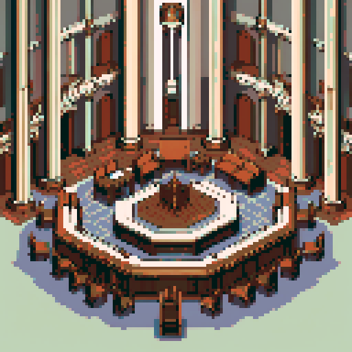 royal council, columns, building, inside, block, wood, discussion table, table, wooden interior, council room