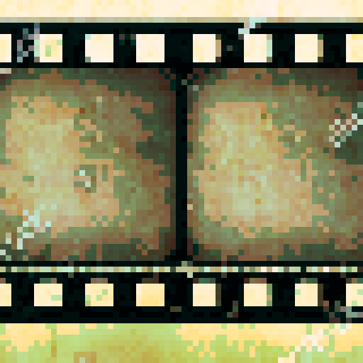 Create a pixel art scene depicting an unspooled film strip. The film strip should be laid out in a random, slightly tangled fashion with no reel visible. The strip should have evenly spaced rectangular frames, some showing classic movie scenes in a pixelated style. Ensure the background is plain and does not distract from the film strip. Use a limited color palette to maintain the pixel art aesthetic, focusing on shades of black, white, and gray for the film strip, with subtle hints of color in 