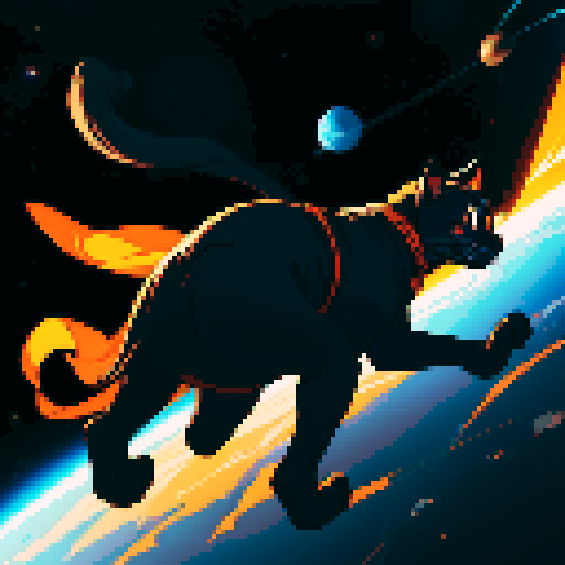 black cat with orange eyes, wandering through galaxies and space, surrounded by planets and comets
