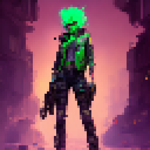 Girl in punk attire, with colorful hair and tattoos, stands in an abandoned urban alleyway, holding a sleek and deadly black gun or a wooden bow and arrow with neon green accents, ready to defend herself against any imminent threat, with a gritty and edgy art style.