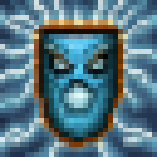 Icy blue Frostbolt whizzing through a dark, snow-covered forest, leaving behind a trail of sparkling frost crystals, rendered in pixelated 32x32 skill art style.