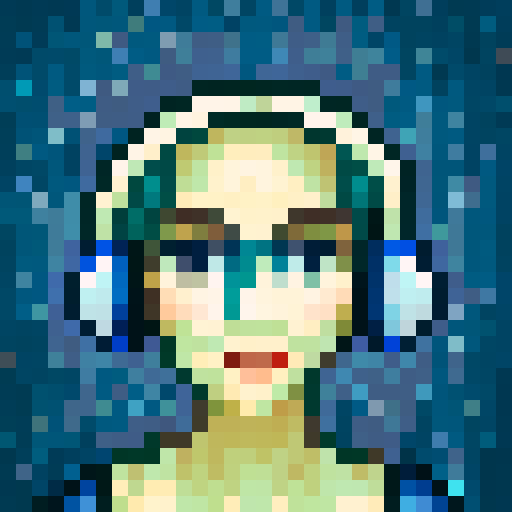 portrait avatar, woman with shoulder length dark hair, looking at the camera, blue palette, game icon style, 32x32 pixel art, sRGB, skill art, close up