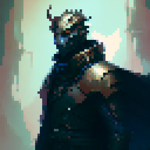 pixel character, male, human warrior, cloak, dark blue plated armor, fantasy RPG