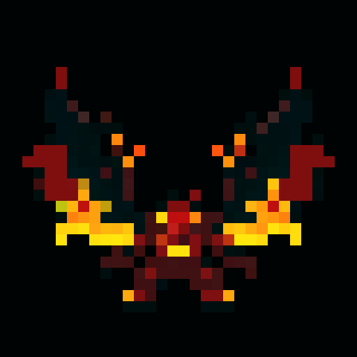 A larger, more formidable fire demon with intense flames engulfing its body, large wings, and glowing yellow eyes. It radiates heat and has a fierce, intimidating expression. No background.
